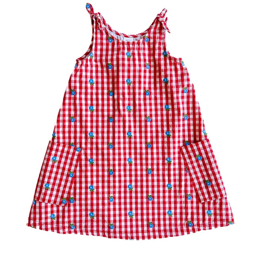 Hanna Andersson Red gingham picnic dress with embroidered blue flowers
